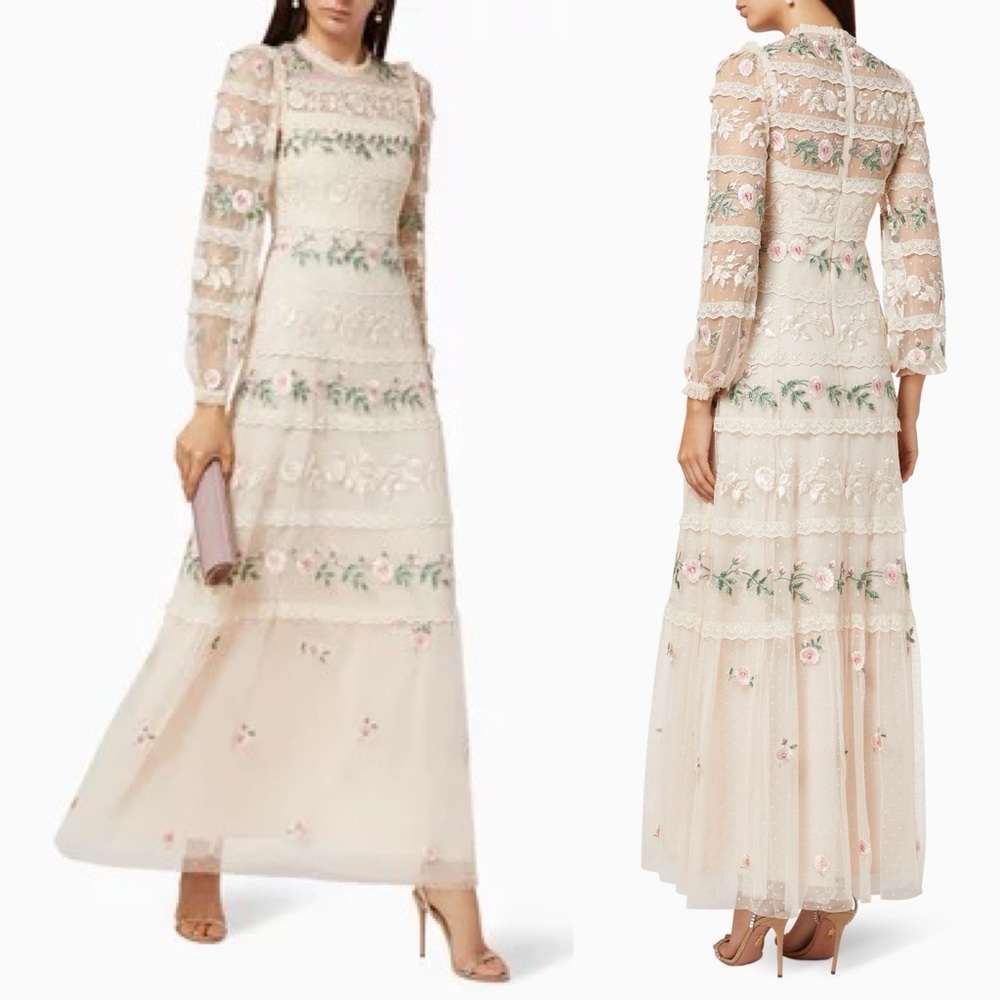 Needle & Thread Precious Rose Floral Mesh Maxi Dress Size 2